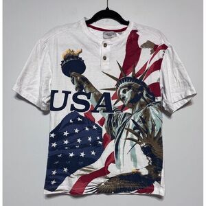 Vintage‎ Y2K Americana USA Patriotic Graphic Henley Tee Size S Statue of Liberty